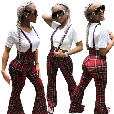S-XL Women Plaid Pattern Suspender Flare Trousers