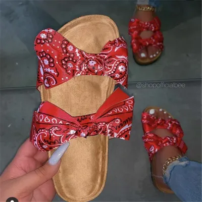 Size5-11 Women Printed Bow Design Flat Slippers