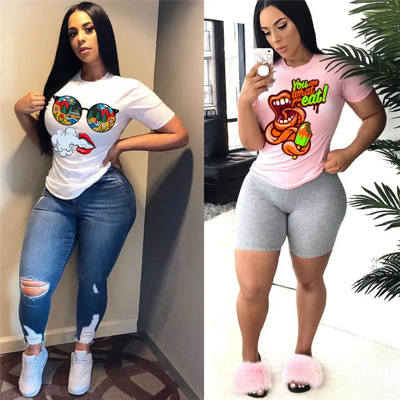 S-3XL Women Casual Cartoon Print Short-sleeve Slim Fit Tee