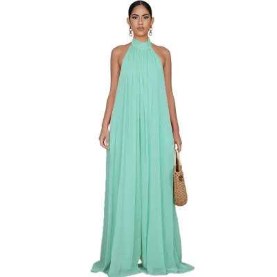 S-XL Women Solid Color Wide-leg Loose Halter Jumpsuits
