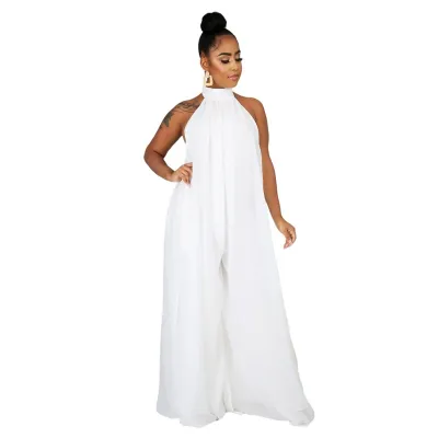 S-XL Women Solid Color Wide-leg Loose Halter Jumpsuits