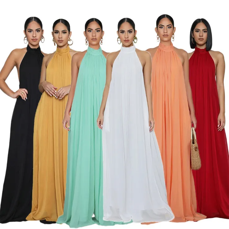 S-XL Women Solid Color Wide-leg Loose Halter Jumpsuits