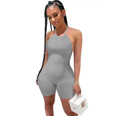 S-2XL Women Sexy Backless Halter Neck Solid Color Rompers