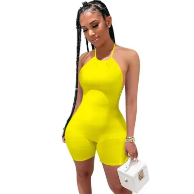 S-2XL Women Sexy Backless Halter Neck Solid Color Rompers