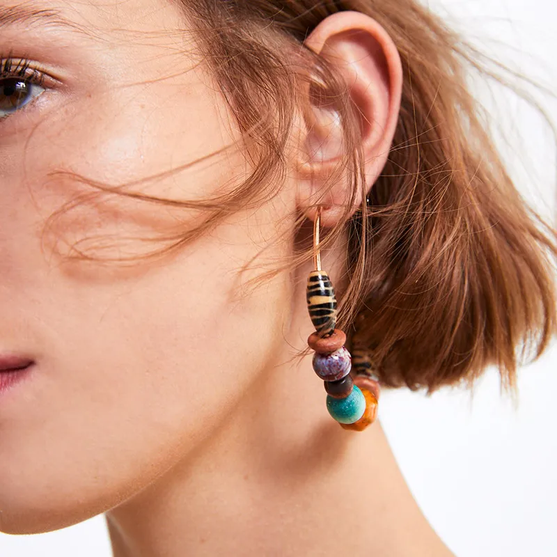 Boho Colorful Wood Beads Hoop Earrings
