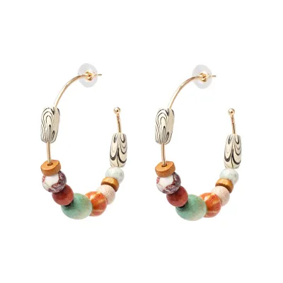 Boho Colorful Wood Beads Hoop Earrings
