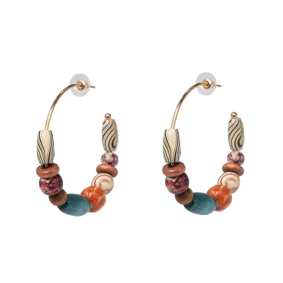 Boho Colorful Wood Beads Hoop Earrings