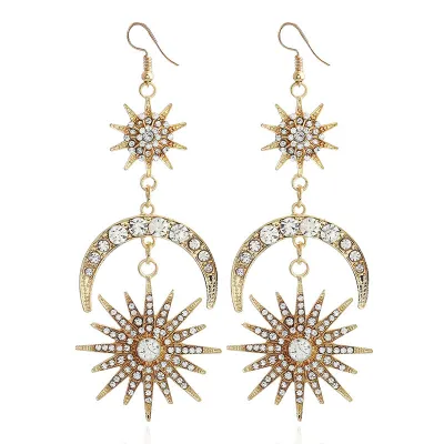 Boho Moon Sun Pattern Rhinestone Dangle Earrings