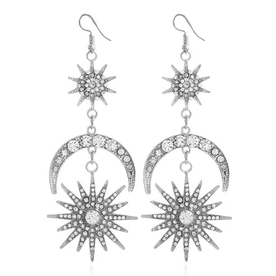 Boho Moon Sun Pattern Rhinestone Dangle Earrings