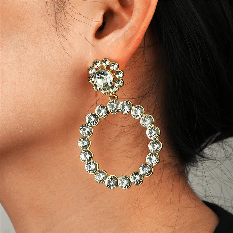 Geometric Circle Pendant Full Rhinestone Earrings Women's Fashion Alloy