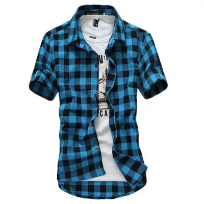 M-3XL Men Lapel Short-sleeve Plaid Print Shirt
