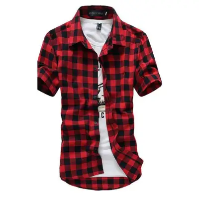 M-3XL Men Lapel Short-sleeve Plaid Print Shirt