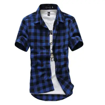 M-3XL Men Lapel Short-sleeve Plaid Print Shirt