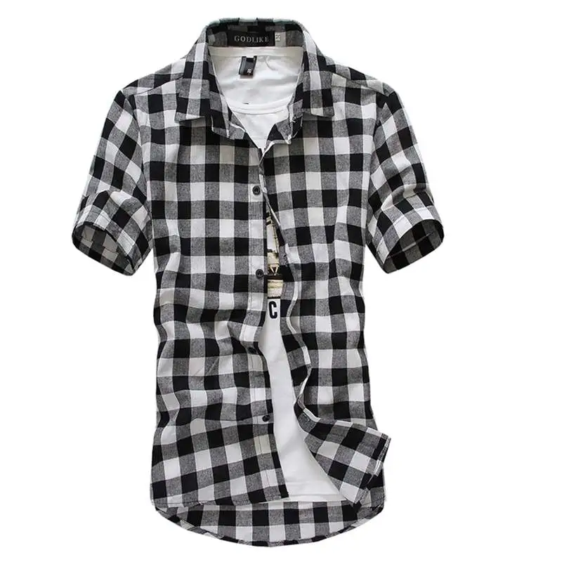 M-3XL Men Lapel Short-sleeve Plaid Print Shirt