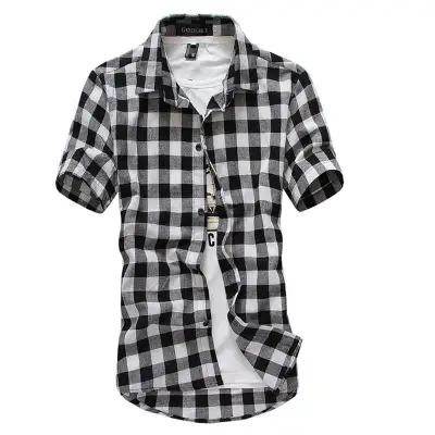M-3XL Men Lapel Short-sleeve Plaid Print Shirt