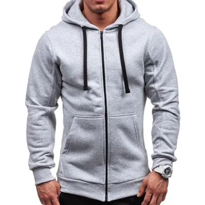 M-3XL Men Solid Color Zipper Hooded Cardigan Coat Long Sleeves Loose Fit Fleece