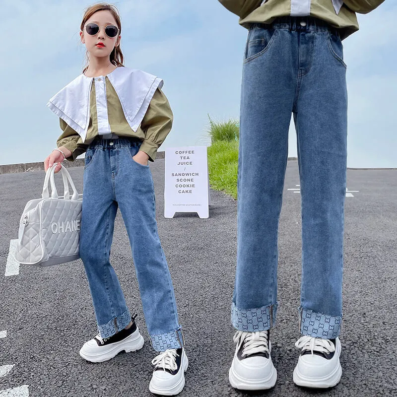 Girls Fashion Letter Pattern Spliced Mid Waist Long Cotton Jeans