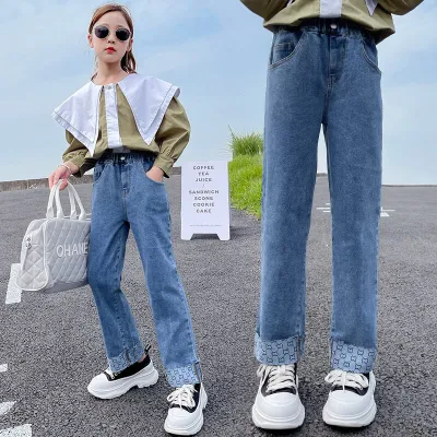 Girls Fashion Letter Pattern Spliced Mid Waist Long Cotton Jeans