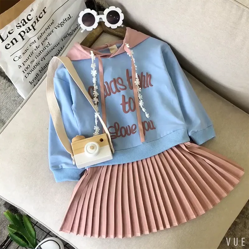 Girls Fashion Letter Printed Pleated Design Spliced Hooded Princess Dress Long Sleeve