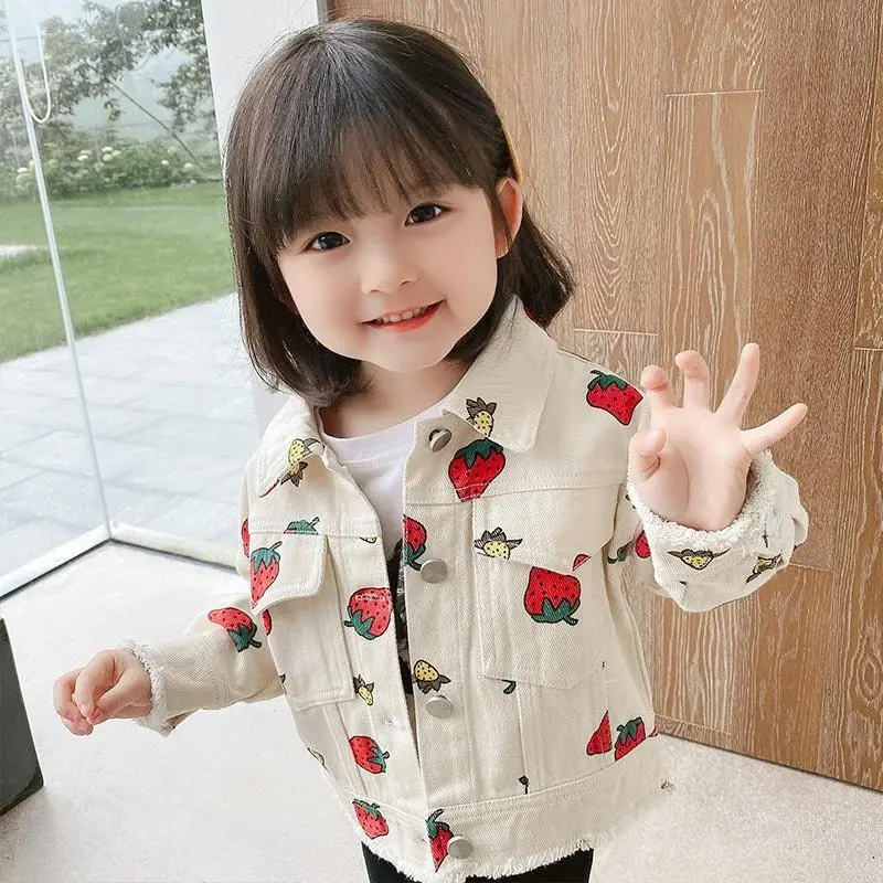 Girls Strawberry Printed Denim Jacket Single-breasted Casual Baby Girls Clothing(0-3T)