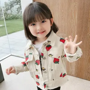 Girls Strawberry Printed Denim Jacket Single-breasted Casual Baby Girls Clothing(0-3T)