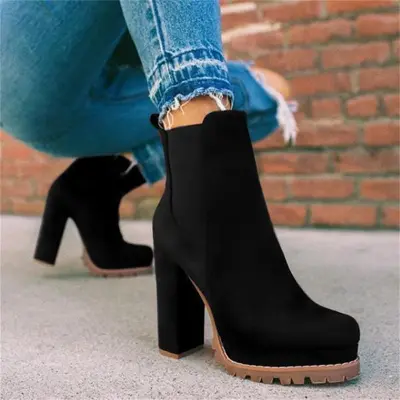 Size:4.5-11 Women Leopard Print Suede Ankle Boots with Chunky Heel