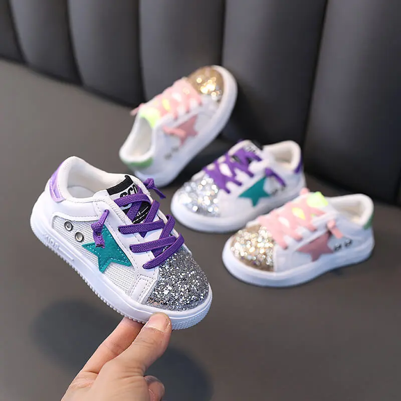 Girls Casual Star Pattern Sequined Lace-up Low Top Sneakers