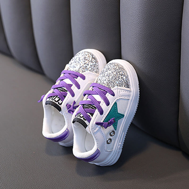Wholesale Girls Casual Star Pattern Sequined Lace-up Sneakers