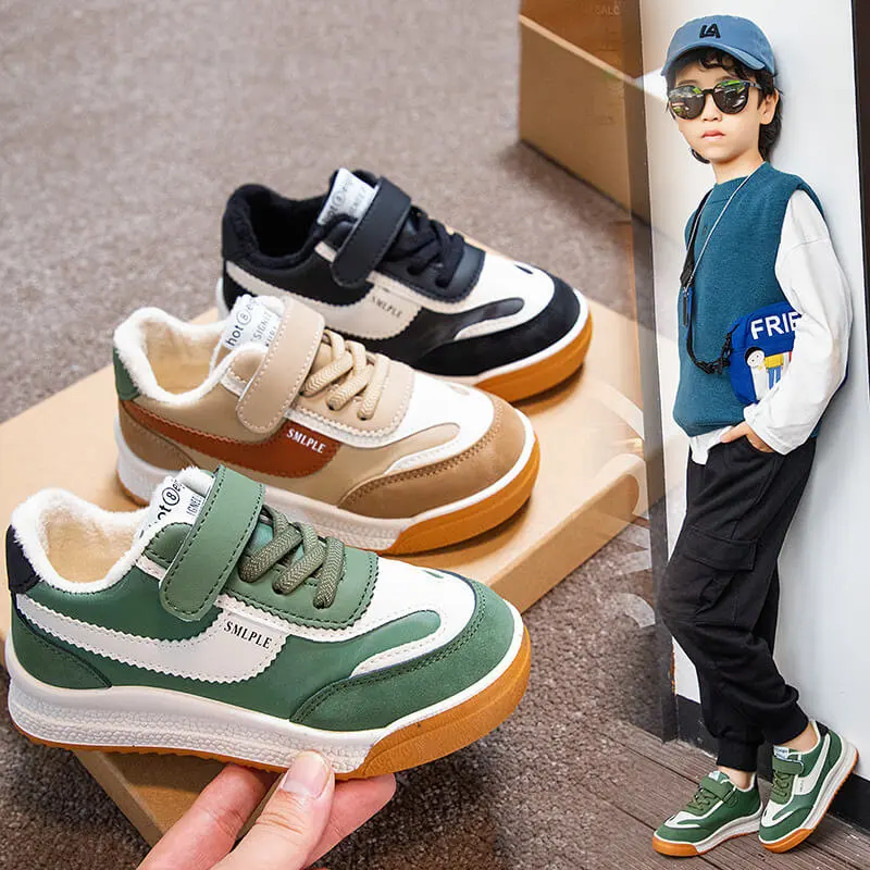 Boys Casual Tethered Velcro Closure Splice Sneakers Unisex PU Leather Thicken Sole