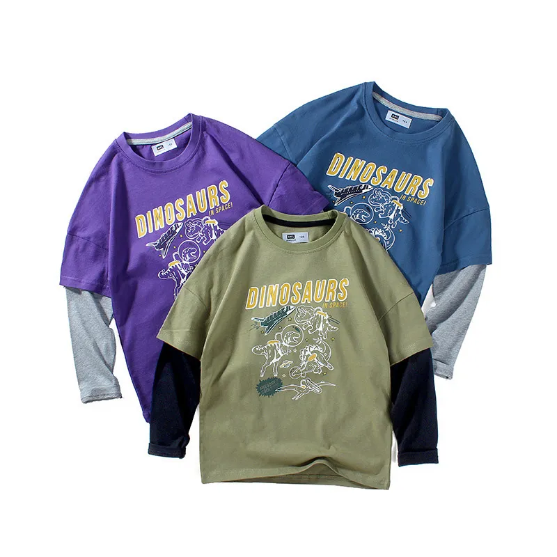 Boys Casual Dinosaur Letter Printed Color Blocking Long Sleeve Crew Neck T-shirt