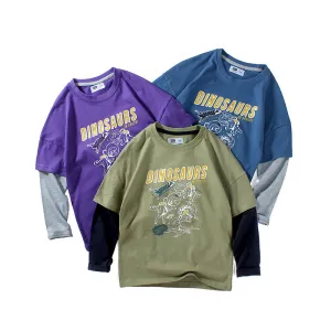 Boys Casual Dinosaur Letter Printed Color Blocking Long Sleeve Crew Neck T-shirt