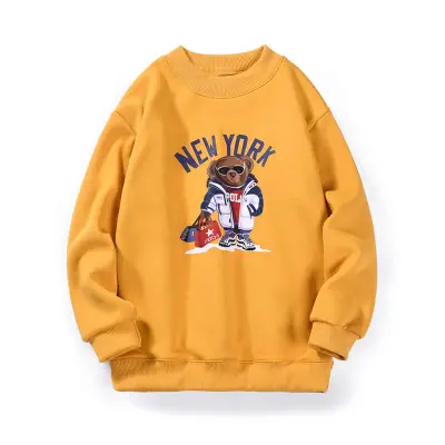 Kids Casual Long Sleeve Round Neck Bear Pattern Fleece-lined Unisex Pullover Sweatshirt