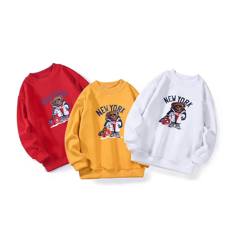 Kids Casual Long Sleeve Round Neck Bear Pattern Fleece-lined Unisex Pullover Sweatshirt