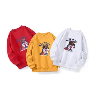 Kids Casual Long Sleeve Round Neck Bear Pattern Fleece-lined Unisex Pullover Sweatshirt