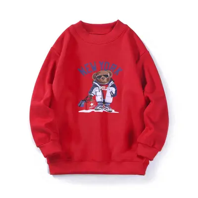 Kids Casual Long Sleeve Round Neck Bear Pattern Fleece-lined Unisex Pullover Sweatshirt