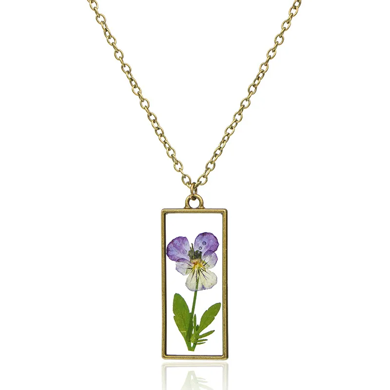 Vintage Literature Natural Pansy Glass Pendant Necklace 71+7cm