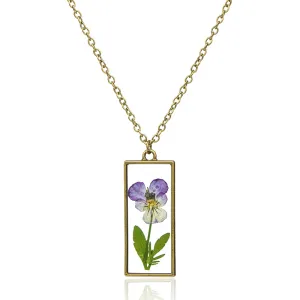 Vintage Literature Natural Pansy Glass Pendant Necklace 71+7cm