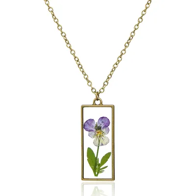 Vintage Literature Natural Pansy Glass Pendant Necklace 71+7cm