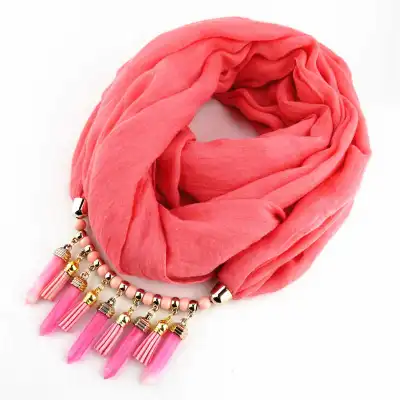 Women's Beaded Acrylic Cylinder Shape Pendant Long Scarf Necklace