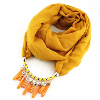 Women's Beaded Acrylic Cylinder Shape Pendant Long Scarf Necklace