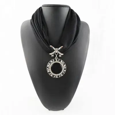 Women's Hollow Pattern Round Stone Pendant Polyester Scarf Necklace
