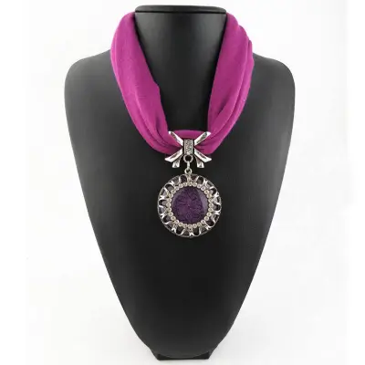 Women's Hollow Pattern Round Stone Pendant Polyester Scarf Necklace