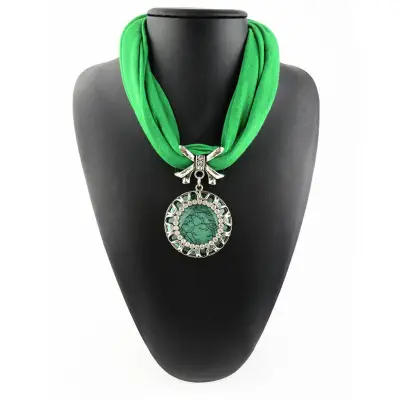 Women's Hollow Pattern Round Stone Pendant Polyester Scarf Necklace