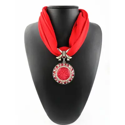 Women's Hollow Pattern Round Stone Pendant Polyester Scarf Necklace