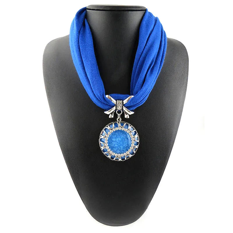 Women's Hollow Pattern Round Stone Pendant Polyester Scarf Necklace