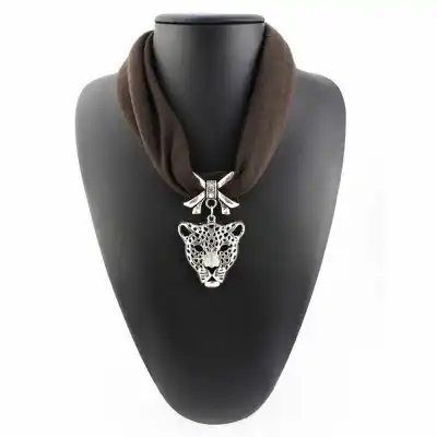 Lady Unique Leopard Alloy Pendant Polyester Scarf Necklace