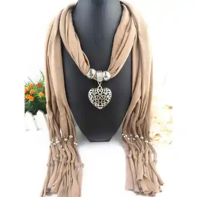Women Graceful Hollow Heart Shape Alloy Pendant Polyester Scarf Long 180x40 cm