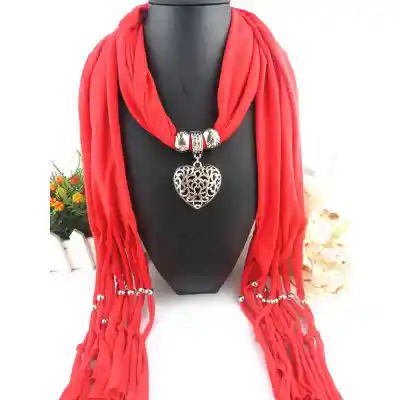 Women Graceful Hollow Heart Shape Alloy Pendant Polyester Scarf Long 180x40 cm