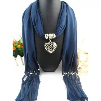 Women Graceful Hollow Heart Shape Alloy Pendant Polyester Scarf Long 180x40 cm