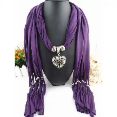 Women Graceful Hollow Heart Shape Alloy Pendant Polyester Scarf Long 180x40 cm